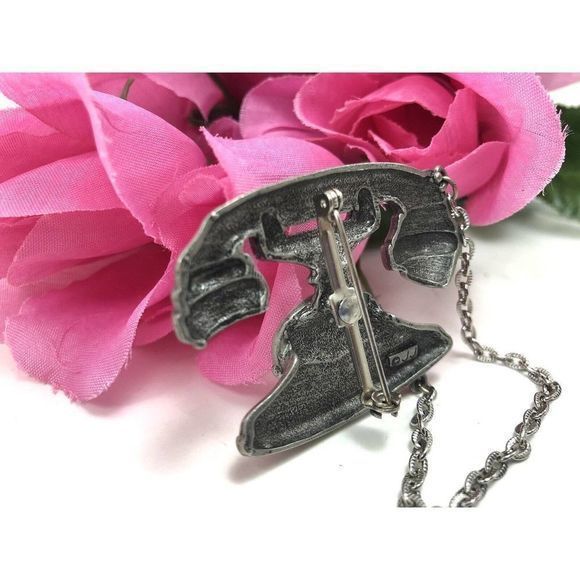 Vintage JJ Jonette Telephone Brooch Rotary Dial‎ Phone Pewter and Rhinestone Pin - Picture 5 of 10